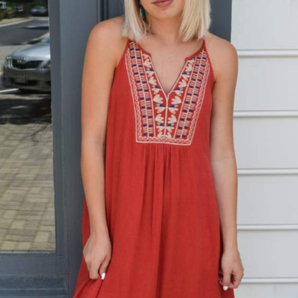 THML PERSIMMON HALTER EMBROIDERED DRESS
